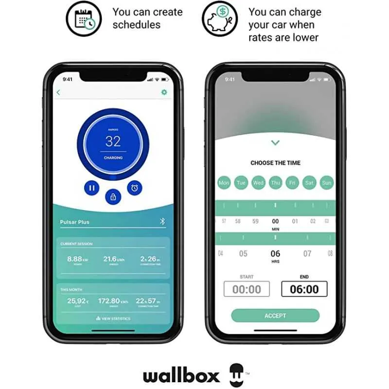 Chargeur Pulsar Plus WALLBOX blanc (Wifi, Bluethooth / OCPP), cable 5 m, 7,4 kwh, type 2 compatible tous VE