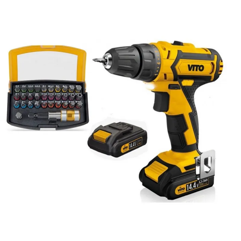 Perceuse Visseuse 14.4V + 2 batteries Lithium 2Ah VITO + Coffret 32 Embouts + Chargeur et Mallette VITO