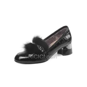 Petit Talon Mocassins Cuir Avec Peluche Confort Talon Carrés Vernis Bout Rond
