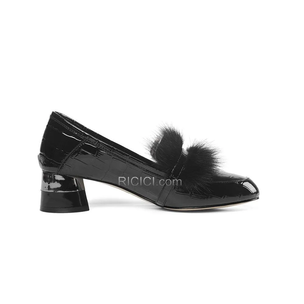 Petit Talon Mocassins Cuir Avec Peluche Confort Talon Carrés Vernis Bout Rond