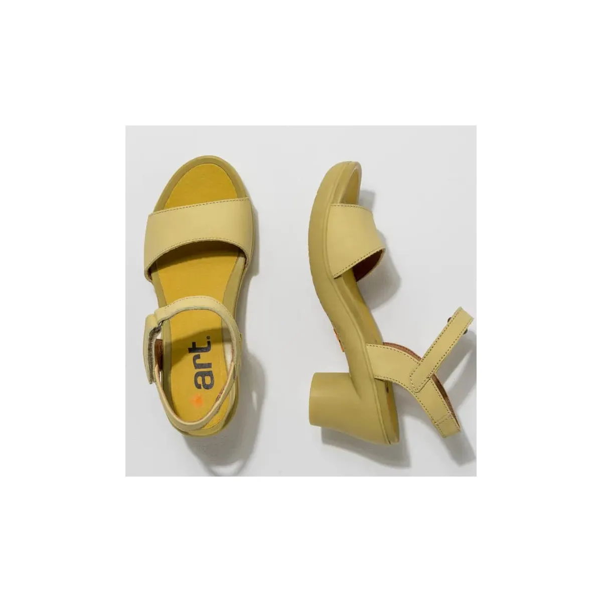 Sandales à talon en cuir et bride à scratch - Jaune Pâle