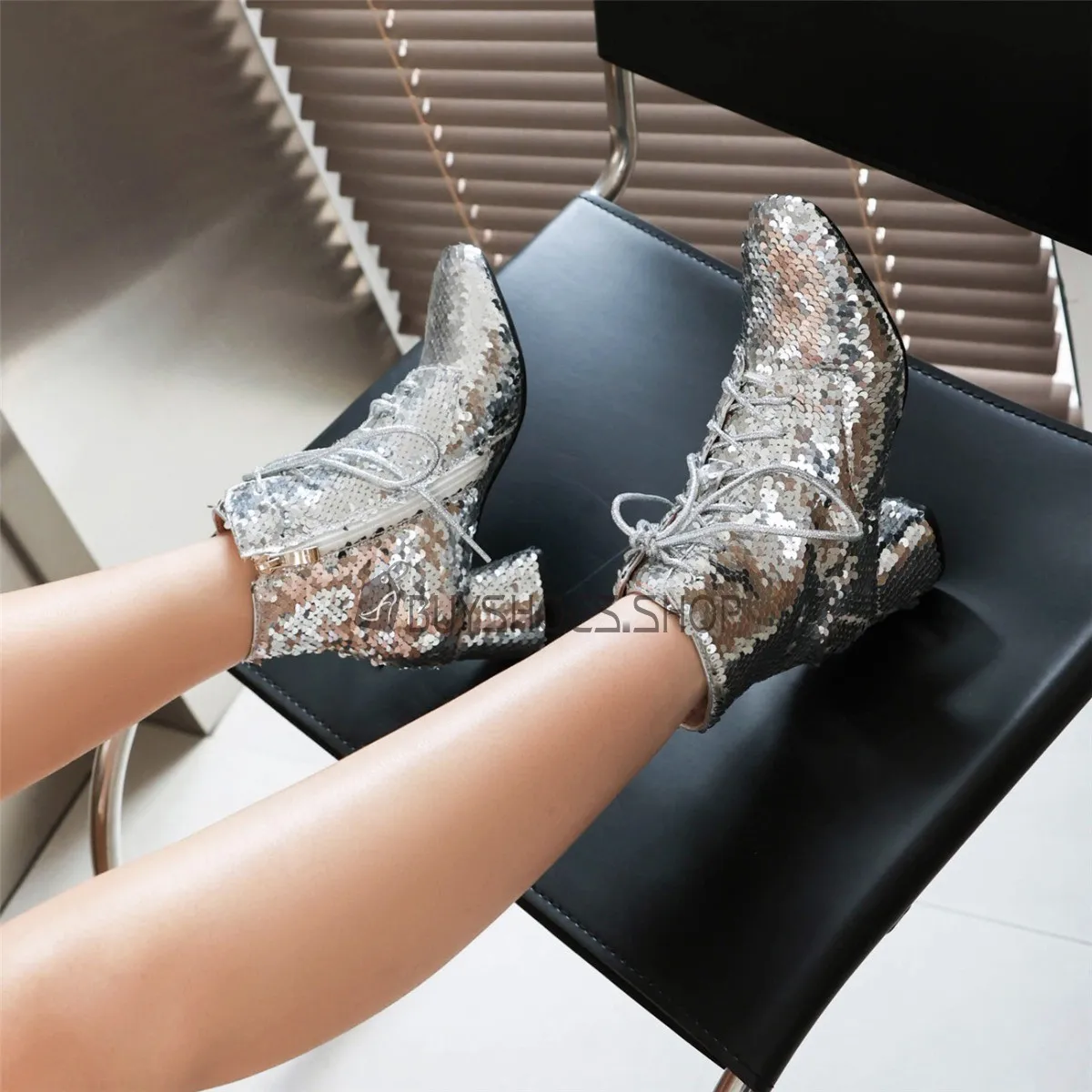 Talon Carré Chaussure De Soirée Lacets Bottine Femme A Talon 6 cm Brillante Paillettes Degrade De Couleur Ceremonie Talon Epais